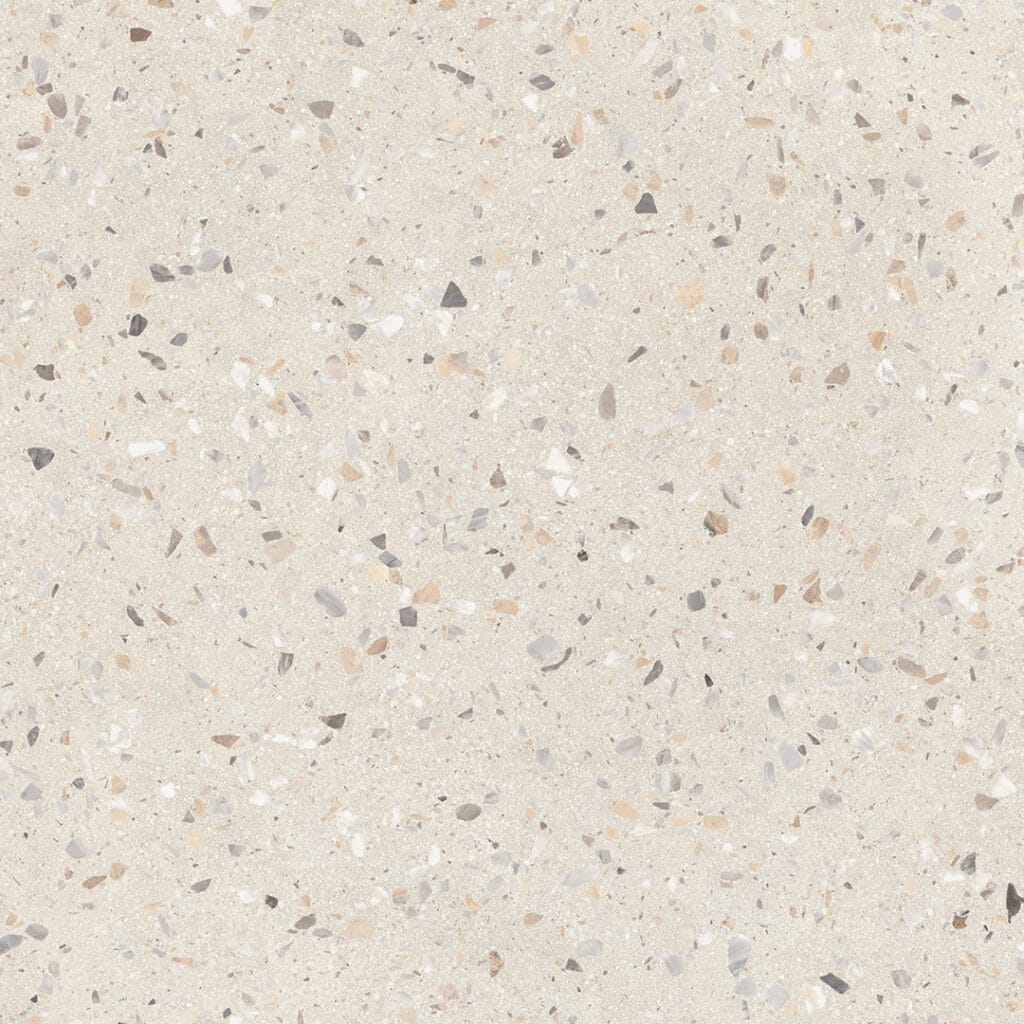 REConcrete Terrazzo Rice RO11 60x60: lys flise med små farvede skærver som terrazzo