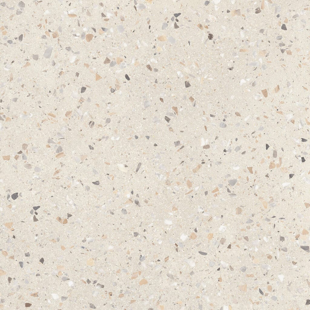 REConcrete Terrazzo Rice RO11 60x60: lys flise med små farvede skærver som terrazzo
